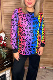 BQ11125 Multi color leopard printed long sleeve top w/black cuff & bottom trim (ES4)