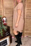 Tan solid color short sleeve/ fold trim women dress XCH15454  ES10