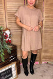 Tan solid color short sleeve/ fold trim women dress XCH15454  ES10