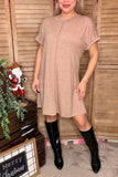 Tan solid color short sleeve/ fold trim women dress XCH15454  ES10