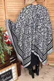 Grey & black leopard knitted women shawl w/tassels & fringe LW11392