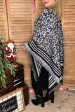 Grey & black leopard knitted women shawl w/tassels & fringe LW11392