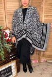 Grey & black leopard knitted women shawl w/tassels & fringe LW11392