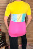 Yellow/pink & multi color block printed short sleeve top w/knot GJQ8707-2 (es7)