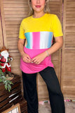 Yellow/pink & multi color block printed short sleeve top w/knot GJQ8707-2 (es7)
