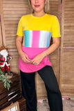 Yellow/pink & multi color block printed short sleeve top w/knot GJQ8707-2 (es7)