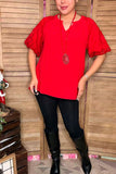 Christmas Red lace puff short sleeve women top XCH16732