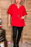 Christmas Red lace puff short sleeve women top XCH16732