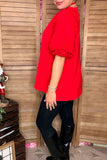 Christmas Red lace puff short sleeve women top XCH16732