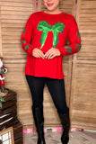 Green sequin bow & red long sleeve women shirt XCH16723