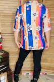 Stripe& flower printed 3/4 sleeve women top w/V-neckline BQ15682 FS6