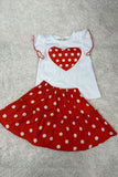 Hearts printed white short sleeve top & polka dots skirt girls set XCH04016