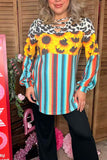 Western serape cow & sunflower printed long sleeve women top XCH13790