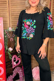 Flower & bird embroidery black rayon bell short sleeve women top XCH16731