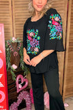 Flower & bird embroidery black rayon bell short sleeve women top XCH16731