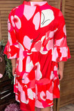 Pink graphic printed 3/4 sleeve w/ruffle women dress GJQ15824 AS4