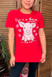 DLH10490 LOVE IS IN THE AIR Red cute pig printed short sleeve women t-shirt