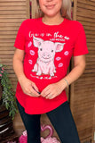 DLH10490 LOVE IS IN THE AIR Red cute pig printed short sleeve women t-shirt