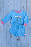 Flower embroidery blue short style pullover sweatshirt & short 2pc girls sets DLH2816 (A7S4)