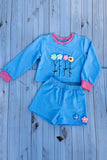 Flower embroidery blue short style pullover sweatshirt & short 2pc girls sets DLH2816 (A7S4)