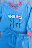 Flower embroidery blue short style pullover sweatshirt & short 2pc girls sets DLH2816 (A7S4)