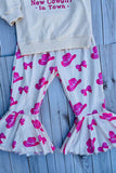 Western "New Cowgirl In Town" & hat prints long sleeve top & pant 2pc girls set 250948M