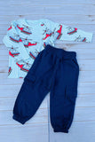 Blue helicopter printed long sleeve top & blue pant 2pc boy sets 250942M