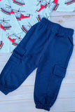 Blue helicopter printed long sleeve top & blue pant 2pc boy sets 250942M