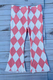 Ribbed knitted fabric pink checkered flare leg girls pant 250947M A8S3