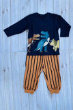 Dinosaur printed blue top & yellow stripes pant 2pc boy's set 250944M