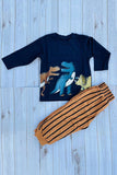 Dinosaur printed blue top & yellow stripes pant 2pc boy's set 250944M