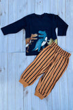 Dinosaur printed blue top & yellow stripes pant 2pc boy's set 250944M