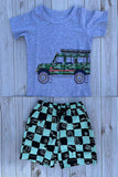 Summer camo car printed grey short sleeve top & checkered shorts 2pc boy set 250945M