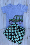 Summer camo car printed grey short sleeve top & checkered shorts 2pc boy set 250945M