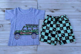 Summer camo car printed grey short sleeve top & checkered shorts 2pc boy set 250945M