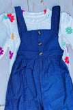 Ribbed knitted floral top blue denim junmpsuit 2pc girls set 250941M