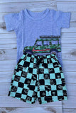 Summer camo car printed grey short sleeve top & checkered shorts 2pc boy set 250945M