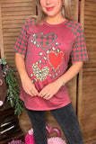 Valentine leopard & checked heart printed short sleeve women t-shirt DLH12349