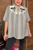 Western horse embroidery gallop gingham puff short sleeve black women blouse XCH16761