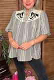 Western horse embroidery gallop gingham puff short sleeve black women blouse XCH16761