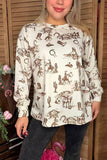 Western riding & cactus printed long sleeve women shirts XCH16760