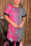 Paisley & Leopard fuchsia/teal hearts printed short sleeve women dress XCH14530