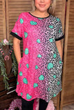 Paisley & Leopard fuchsia/teal hearts printed short sleeve women dress XCH14530
