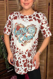 "Cattle & Chaos" Heart & brown leopard printed short sleeve women top DLH12594