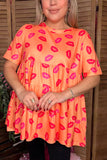 Lips printed baby doll short sleeve orange women top GJQ10850-2