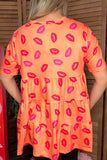 Lips printed baby doll short sleeve orange women top GJQ10850-2