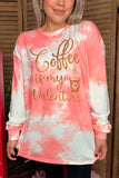 Glitter "Coffee is my Valentine" long sleeve coral tie-dye women shirts XCH14621