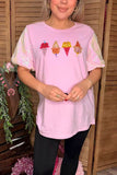 Ice cream embroidery pink sequin puff short sleeves women shirt DLH13632 ( IS7)