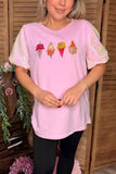 Ice cream embroidery pink sequin puff short sleeves women shirt DLH13632 ( IS7)