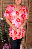 Valentine lips printed short sleeve women top w/tie hole neckline BQ12655